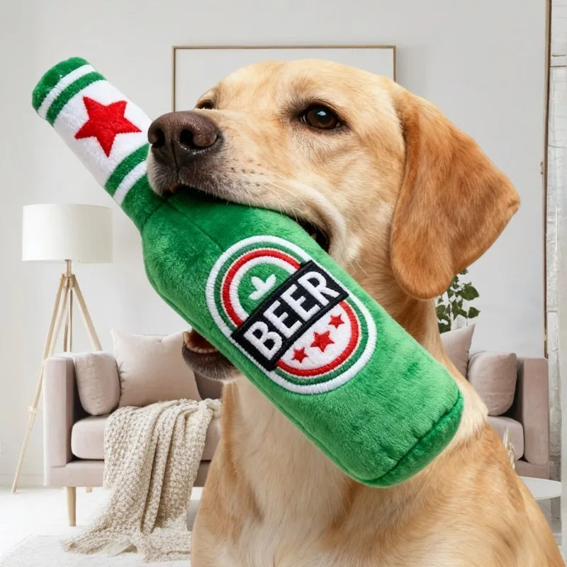 Realistic Beer Bottle Shape, Squeaking Dog Toy. Interactive Play, Bite Resistant and Wear-resistant. Easy To Clean